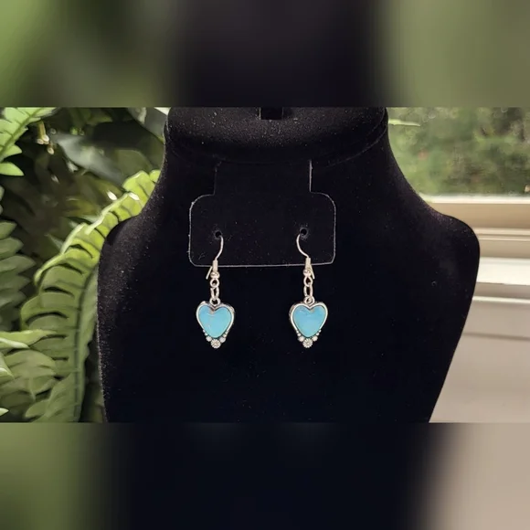 Western Turquoise Blue & Silver Dangle Heart Earrings  / Pierced - Picture 4 of 5